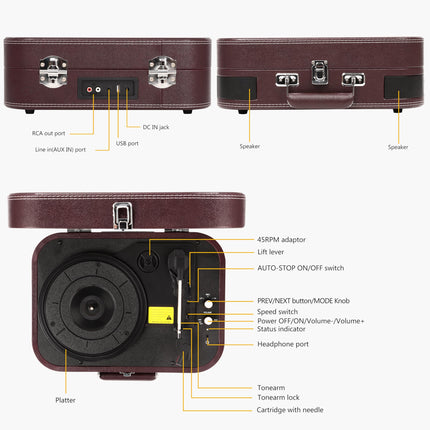 Plaadimängija kõlarite ja Bluetooth 5.4-ga | 33/45/78 p/min vinüülplaadimängija | USB digiteerija, RCA/AUX, kandekott (retrodisain) (punane)