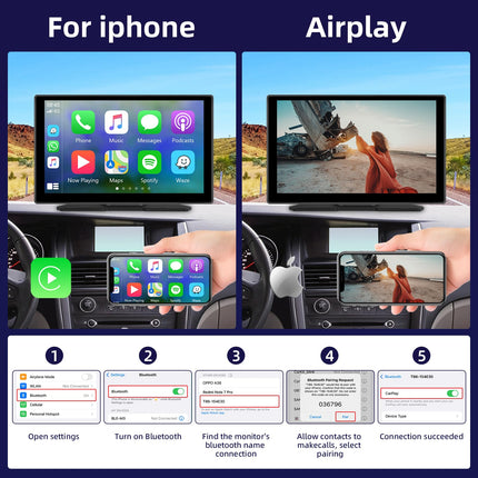 Hodozzy Portable Car Radio Wireless CarPlay Display Android Auto, Airplay Mirror Link, 9 Inch Touchscreen Monitor CarPlay Screen with Bluetooth, AUX/FM/SD Card, Car Multimedia Player with Camera