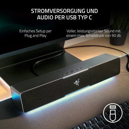 Razer Leviathan V2 X - PC Gaming Soundbar (täieliku ulatusega draiveritega, kompaktse disainiga, USB Type-C toite ja heliga, Bluetooth 5.0, Chroma RGB) must