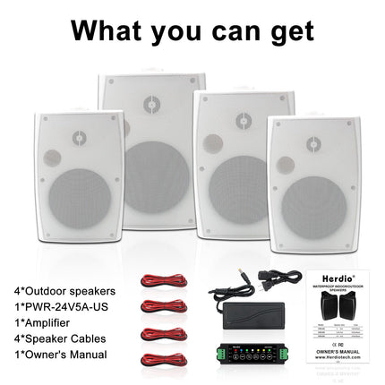 Herdio 16.5 cm 800 W outdoor speaker, waterproof, wall-mounted sound system with multifunctional amplifier, powerful bass and stereo sound, for patio, porch,