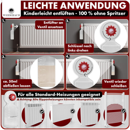 WEIDEBACH® kütteseadme õhutusvõti koos kogumisanumaga (140ml), kütteseadme õhutusvõti koos mikrokiudlapiga ja miniõhutusvõtmega kitsastesse kohtadesse, õhutusvõti igale kütteseadmele, pikk vorm