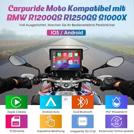 2025. aasta Carpuride W502B mootorratta Carplay ekraan BMW R1200GS R1250GS S1000XR mootorrattale, 5-tolline veekindel puuteekraan, kaasaskantav Carplay/Android Auto, GPS-navigatsioon, kahekordne Bluetooth