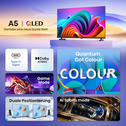 Hisense 32A5NQ 80 cm (32-tolline) QLED-teler Full HD, nutiteler, kolmekordne tuuner, tehisintellektiga spordirežiim, Dolby Atmos, teleriga jagamine, kahekordne positsioneerimine, WiFi, mängu- ja hotellirežiim, must [2024]