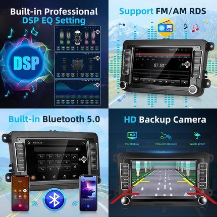 Podofo 8+128G autoraadio VW Golf 5 6 Polo istmele Skodale koos juhtmevaba Carplayga Android Auto, 7-tolline Android 13 autoraadio ekraani, Bluetoothi, WiFi, GPS-i, RDS-i + tahavaatekaamera ja mikrofoniga