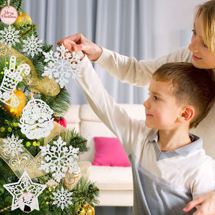 Christmas Tree Decoration Hanging Ornaments - 42 Pieces Silver Glitter Snowman Reindeer Santa Claus Snowflake Ornaments for Christmas Holiday Wonderland Party Supplies