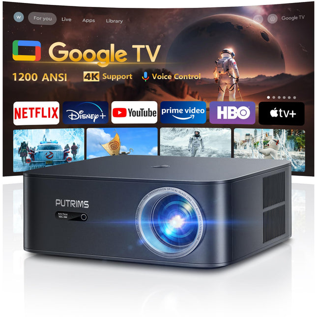 Nutikas projektor 4K【1200 ANSI/Google TV】Netflixi ametlik, autofookusega, trapetsikorrektsiooniga projektor WiFi6 Bluetooth, hääljuhtimine 1080P Full HD LED-projektor lakke kinnitatav 300" kodukino/välistingimustes kasutatava mobiilse projektori jaoks