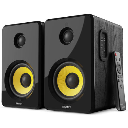 MAJORITY D40X aktiivsed riiulikõlarid | 70W 2.0 kollane Kevlar koonusega monitorkõlar | Stuudiomonitor Bluetoothiga | Riiulikõlarid optilise, RCA, USB AUX ja kaugjuhtimispuldiga