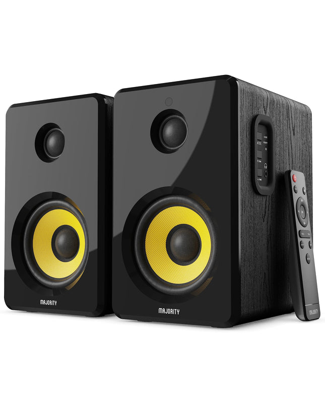 MAJORITY D40X aktiivsed riiulikõlarid | 70W 2.0 kollane Kevlar koonusega monitorkõlar | Stuudiomonitor Bluetoothiga | Riiulikõlarid optilise, RCA, USB AUX ja kaugjuhtimispuldiga