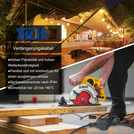 YIDE pikenduskaabel 2m välistingimustes kasutatav kummist pikenduskaabel Schuko pistikuga välistingimustes kasutamiseks IP44 pikenduskaabel H05RR-F 3G 1.5mm² 3500W elektrikaabel välistingimustes kaitsekorgiga must