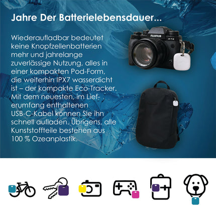 Boompods Boomtag Rechargeable Key Finder - Ocean Plastic Bluetooth Tracker Compatible with Apple Find My App, Waterproof Key Finder, Mini Tracking Device for Keys, Bags, White