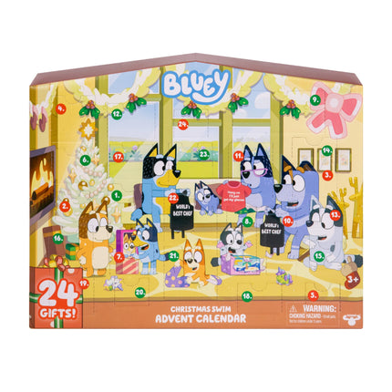 BlueY jõulud Heelersite juures: Bluey advendikalender, jõulupakett sisaldab 24 üllatust 24 ukse taga, paljastades 3 suplevat jõulufiguuri, 18 aksessuaari ja 3 kleebist.
