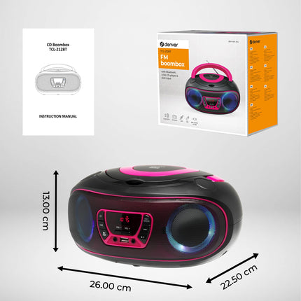 Denver Electronics TCL-212BT CD Radio FM AUX, CD, USB, Bluetooth Mood Light Pink, 111141300011