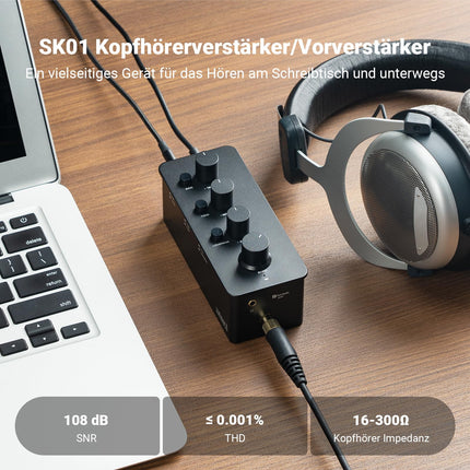 Fosi Audio SK01 Hi-Fi kõrvaklapivõimendi, ekvalaiseri eelvõimendi bassi, kesk- ja kõrgete sageduste helitugevuse reguleerimise ja valjuse kompenseerimisega, kaasaskantav A-klassi analoogvõimendi 3,5 mm ja 6,35 mm pistikutega elektrikitarrile