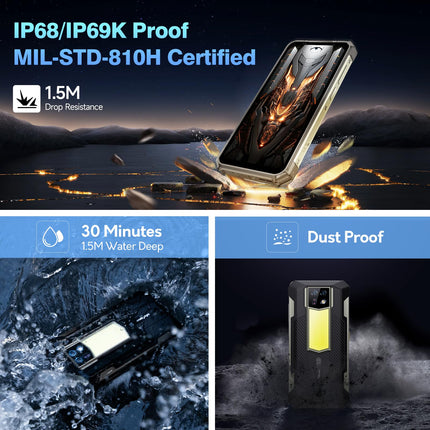 Ulefone Armor 24 õuemobiiltelefon 22000mAh 1000-luumenilise taskulambiga, Android 14 24GB + 256GB/2TB SD 64MP+64MP+16MP öönägemisega, 120Hz 6.78" FHD+ IP68 nutitelefon 4G kahe SIM-kaardiga/NFC/sõrmejäljelugejaga GPS OTG