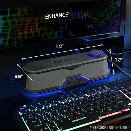 ENHANCE SB1 Computer Speakers High Excursion Soundbar - USB Powered Computer Soundbar, Under-Monitor Speaker with 10W Peak, LED Volume Control, Headset Pass Through, Gaming Soundbar for PC