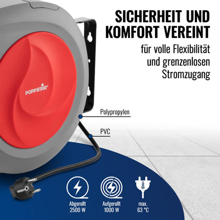 Poppstar automaatne kaablirull 15m + 1,5m (max. 2500W) Automaatne kaablirull, isekeriv, IP20 seinale ja lakke paigaldamiseks