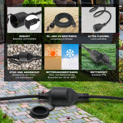 Välistingimustes kasutatav pikendusjuhe 5m, kummist pikendusjuhe Schuko pistikuga, IP44 pikendusjuhe H07RN-F 3G1,5 mm² kaabel, kaitsekorgiga, 3500W, 16A 250V, must
