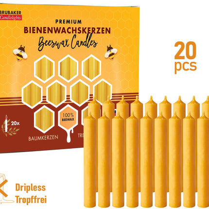 BRUBAKER 20-pack tree candles 100% beeswax Christmas candles pyramid candles Christmas tree candles honey-yellow