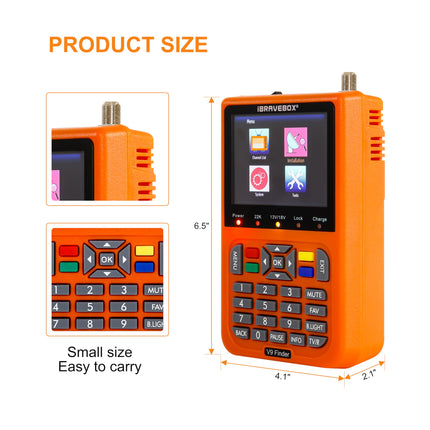 Digitaalne satfinder, V9 digitaalne satelliidisignaali otsija sisseehitatud liitiumioonakuga, 3,5-tolline LCD-ekraan, Full HD, 16-bitine, OSD 64 MB, 1 GB, DDR3, tugi H.265 (oranž)