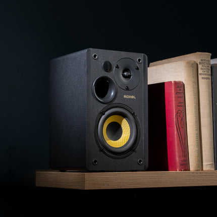 Roxel Soleil aktiivsed riiulikõlarid HiFi-le, subwooferi väljund, 2.0 stereoheli, juhtmevaba BT 5.3, optiline, RCA, USB, HDMI (ARC), sisseehitatud võimendi, reguleeritavad bassid/kõrged sagedused, 3-meetrine kõlarikaabel