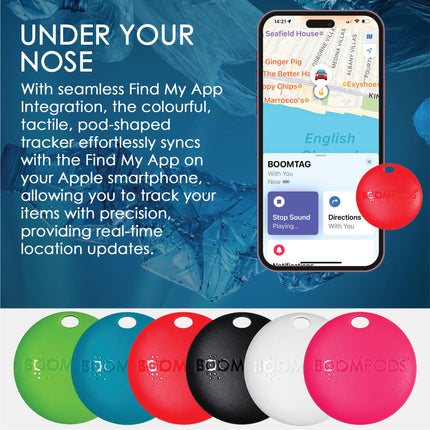 Boompods Boomtag võtmeotsija 4-pakk - nutikas siltide rahakotiotsija, mini GPS-jälgija Bluetooth-iga, ühildub Apple Find My rakendusega, võtmete ja esemete leidja võtmetele, kohvritele, lastele ja koertele