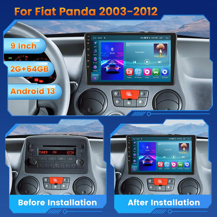 Inefala Android 13 2G/64G autoraadio GPS-navigatsioon FIAT Panda 2003-2012 raadio juhtmevaba Carplay Android Auto, 9-tolline puuteekraan, GPS, WiFi, BT, USB, FM RDS, ekvalaiser, mikrofon, kaamera
