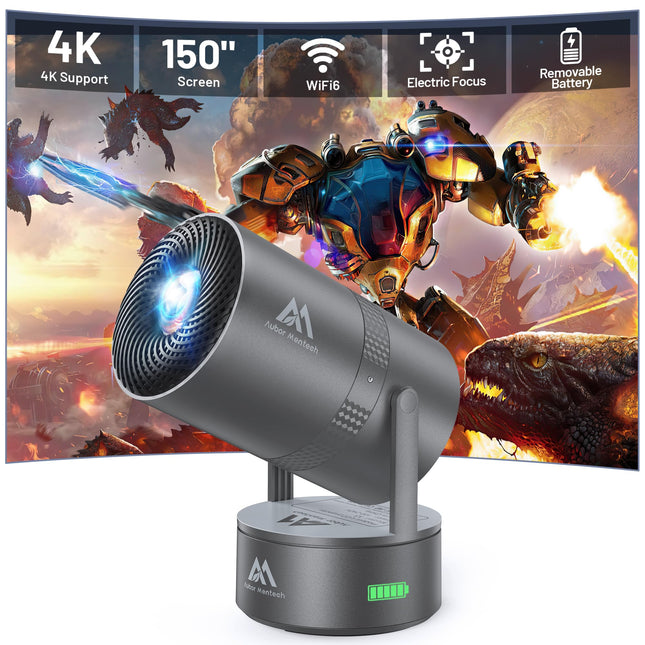 [Sisseehitatud aku] Aubor Mentech miniprojektor 4K kodukino, miniprojektor, WiFi6 ja BT5.2 projektor Android OS-iga, automaatne trapetsikorrektsioon, 180-kraadine nurk, 150-tolline ekraan telefoni/arvuti/Xboxi jaoks, HDMI