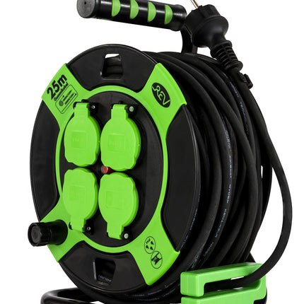 REV cable reel, extension cable, outdoor, IP44, 4 sockets, thermal switch, 25 m, up to 3000 W, black
