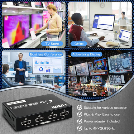 4K HDMI Splitter 1 In 4 Out, Audio Video HDMI Distributor with Power Supply Simultaneously 4 Monitors, 30M Long Stable Transmission