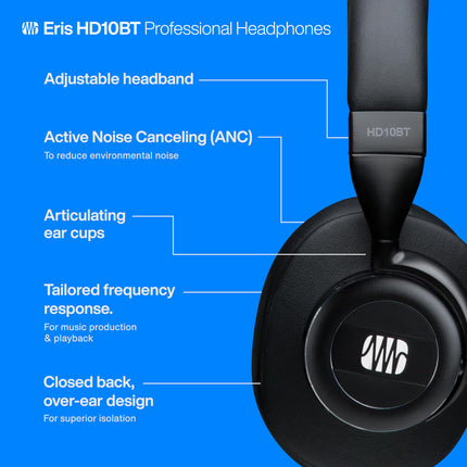 PreSonus Eris HD10BT professionaalsed kõrvaklapid aktiivse mürasummutuse ja Bluetooth-tehnoloogiaga