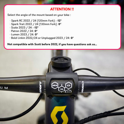 Bike3D GPS-hoidik ühildub Scott Sparki ja Patron 2022/25, Scott Scale'i või Lumen 2023/25 ning Scott Voltage'i, Geniuse või Ransom 2024/25 (-12º) kelladega