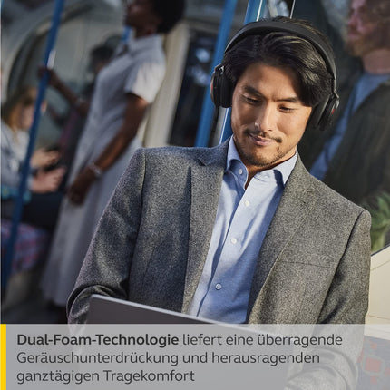 Jabra Evolve2 75 juhtmevabad arvutipeakomplektid laadimisdokiga, 8-mikrofoni tehnoloogia - kahekordse vahuga stereokõrvaklapid täiustatud aktiivse mürasummutusega, USB-C Bluetooth-adapter ja UC-ühilduvus - must