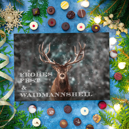 Hallingers Waidmannsheil - Advendikalender, käsitsi valmistatud alkoholivabad šokolaadid peenest kakaošokolaadist jahimeestele (karp) - Emadepäevakingitus ja kingiideed isadepäevaks | Palju õnne Hanuka puhul Fre