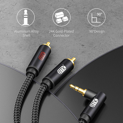 EMK RCA kaabel nurga all pistik 3,5 mm - 2 RCA kaabel 90-kraadine 3,5 mm pistik Y-jaoturkaabel RCA (R&amp;L) nailonist punutud ristkülikukujuline AUX nutitelefoni, kõlari, heliriba, teleri, autostereo jaoks (2 meetrit)