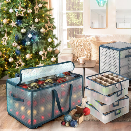 Hearth &amp; Harbor Large Storage Box with Adjustable Plastic Dividers for 128 Christmas Ornaments or Decorations, Plastic