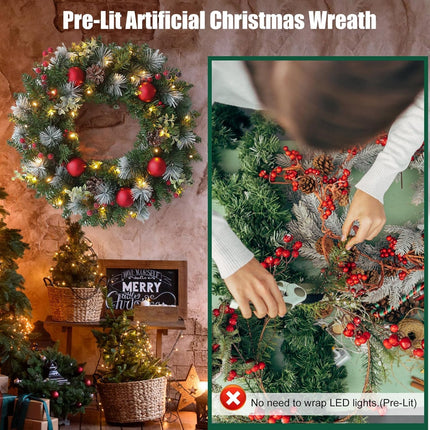 40CM door wreath Christmas illuminated, artificial Christmas wreath Advent wreath with Christmas tree balls and branches decorative wreath, Christmas decoration, Christmas decoration fir garland with lighting (A)