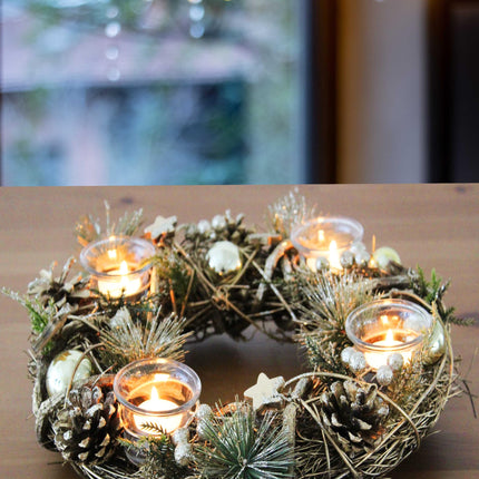 KAMACA XL Christmas wreath decorative wreath made of solid wooden branches with decoration such as fir branches and 4 glass candle holders Advent Christmas decoration table (XL Advent wreath gold 34 x 34 x 8 cm)