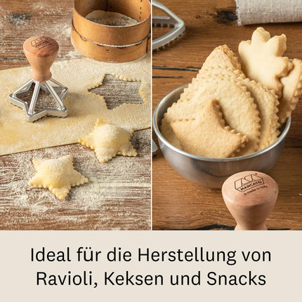 MARCATO ravioolide ja küpsisevormide komplekt, ravioolimasin, küpsisevorm, täispuidust ja malmist, valmistatud Itaalias, 65 mm tähekujuline + 70 mm lillekujuline