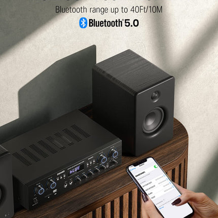 Helivõimendi Bluetooth 5.0, Donner 440W helivõimendi 4 kanaliga, stereovastuvõtja USB, SD, FM, 2 mikrofonisisendit Echo, RCA, LED, stuudio, kodukino jaoks, MAMP5