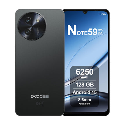 DOOGEE Note59 5G nutitelefon Android 15, 32 GB RAM + 128 GB ROM, 6250mAh aku, 6,75-tolline HD+ 120Hz ekraan, 16MP tehisintellektiga kaamera, kaheksatuumaline, kahe SIM-kaardiga, NFC, lukustamata telefon, 2025, must