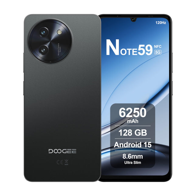 DOOGEE Note59 5G Smartphone Android 15, 32GB RAM + 128GB ROM, 6250mAh Battery, 6.75-inch HD+ 120Hz Display, 16MP AI Camera, Octa-Core, Dual SIM, NFC, Unlocked Phone, 2025, Black