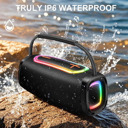 Matast Portable Bluetooth Speaker with Handle, Powerful Bass, BT5.3, IP6 Waterproof Wireless Stereo Pairing Speaker with RGB Multi-Color Rhythm Lights for Home/Outdoor/Party