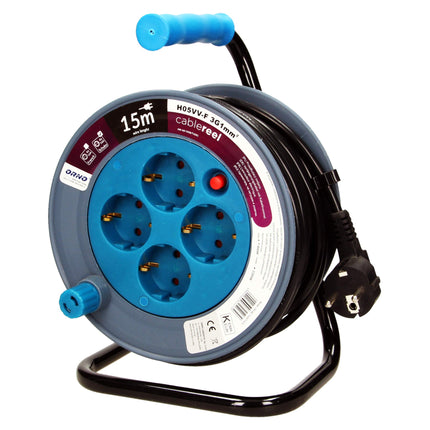 Orno AE-1339 minikaablirull 15m 4 pistikupesaga, metallaluse ja termokaitsega || 2300W / 10A, 230V~, 50Hz || 18 x 24,5 x 14 cm (sinine)
