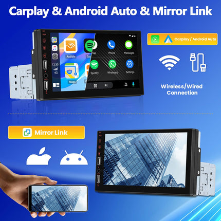 CAMECHO Carplay autoraadio 1 DIN Android Auto Mirror Linkiga, 7-tolline puutetundlik autoraadio Bluetooth Handsfree FM-raadio USB/AUX EQ roolil juhtimine tahavaatekaamera mikrofon
