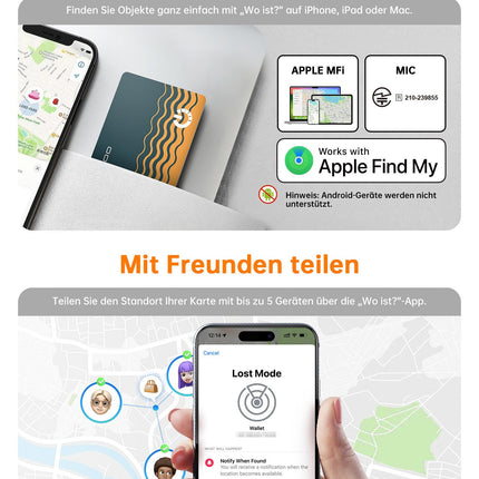 NOVOO Air Tag Card nutikas rahakoti jälgimiskaart, 2 tk, õhuke Bluetooth-silti, 1,6 mm, aku tööiga 6 aastat, ühildub Apple Find My rakendusega (ainult iOS), esemete leidja rahakoti, pagasisildi ja passi jaoks.