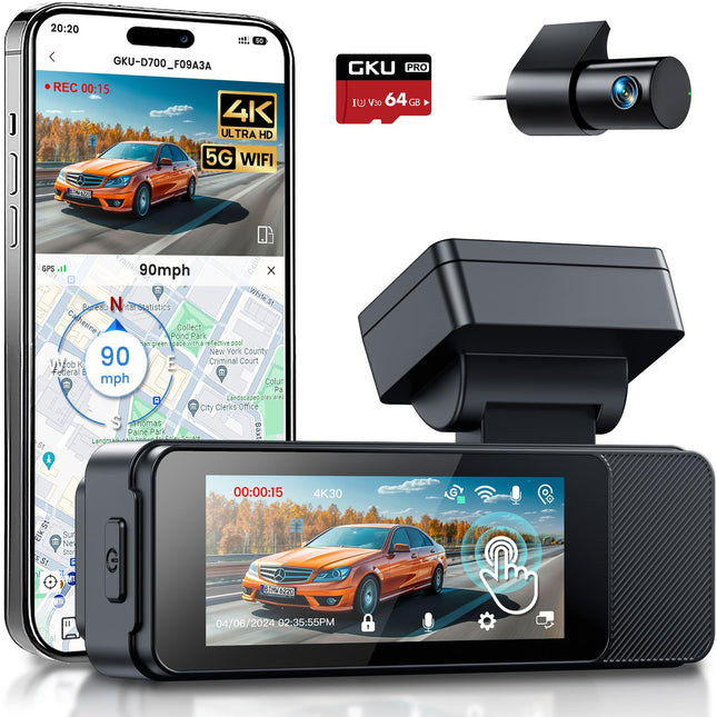 GKU auto armatuurlaud, esi-taga, 4K/2.5K puutetundliku ekraaniga 3.18 tolli, GPS 5G Wi-Fi armatuurlaud, topelt autokaamera, 64GB SD-kaart, parkimise jälgimine, WDR, 170° lainurk, G-andur, tsükkelsalvestus, max 256GB