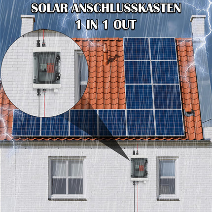 Ülepingekaitse PV DC 1000V, alalisvoolu lahklüliti PV-süsteemile 2P 32A ja päikesepaneelide piksekaitse 40KA, IP65 veekindel päikesepaneelide ühenduskarp 1-stringiga 4 moodulit päikesepistikuga (1 sisse ja 1 välja).