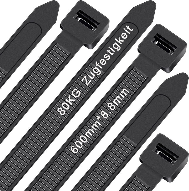 Cable ties black 600mm x 8.8mm, WLEAD 50 pieces extra strong cable ties with 80kg tensile strength UV-resistant large nylon plastic self-locking multifunctional cable ties