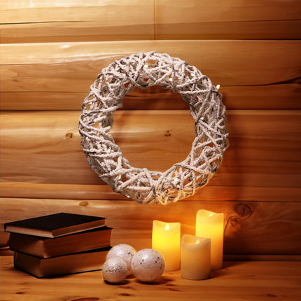 com-four® Kunstlik LED-jõulupärg lumega, talvine uksepärg valgustuse ja taimeriga, dekoratiivne pärg 20 sooja valge LED-iga, lauapärg meeleoluvalgustusega (01 tk - valge - pärg 40cm)