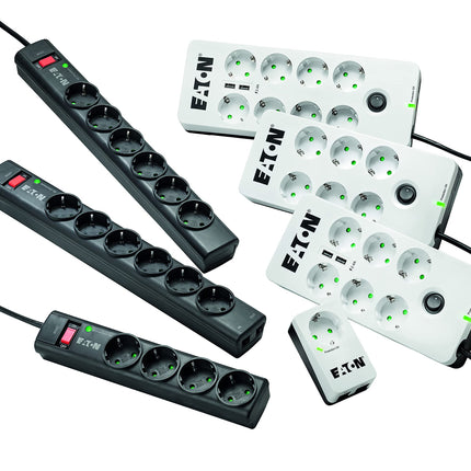 Eaton PS6D kaitseriba 6 DIN - pikendusjuhe ülepingekaitsega (6-suunaline Schuko pistikupesa, lülitatav) - must UUS, 4